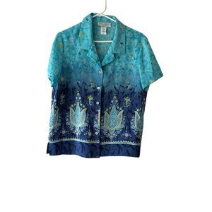 Versailles New York Button-Up Shirt Blue Gradient Floral Paisley Print Sz 16